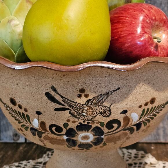 Handcrafted Netzi Mexico Pedestal Fruit Bowl with Bird Floral Designs - Cozumel - Picture 4 of 10